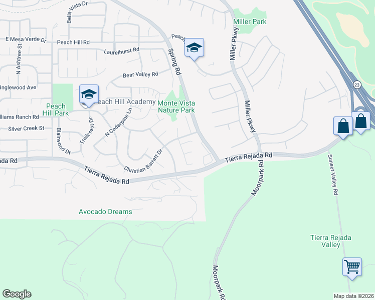 map of restaurants, bars, coffee shops, grocery stores, and more near 14012 Atwood Court in Moorpark