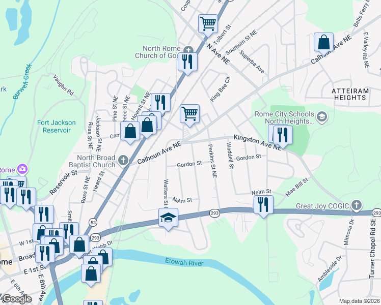 map of restaurants, bars, coffee shops, grocery stores, and more near 216 Calhoun Avenue Northeast in Rome