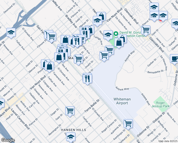 map of restaurants, bars, coffee shops, grocery stores, and more near 10703 Ralston Avenue in Los Angeles