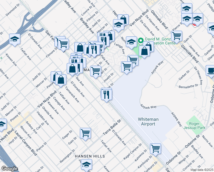 map of restaurants, bars, coffee shops, grocery stores, and more near 10703 Ralston Avenue in Los Angeles