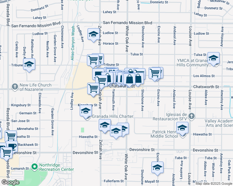 map of restaurants, bars, coffee shops, grocery stores, and more near 17734 Chatsworth Street in Los Angeles