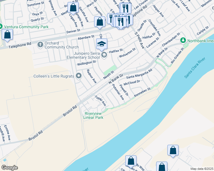 map of restaurants, bars, coffee shops, grocery stores, and more near 8814 Neath Street in Ventura