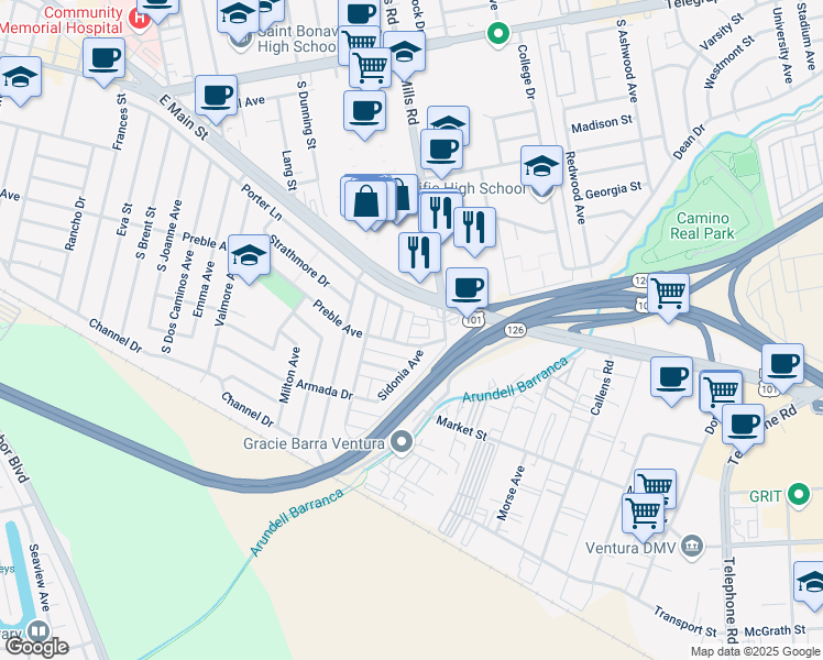 map of restaurants, bars, coffee shops, grocery stores, and more near 3440e East Main Street in Ventura