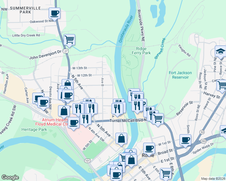 map of restaurants, bars, coffee shops, grocery stores, and more near 1010 Avenue A Northeast in Rome