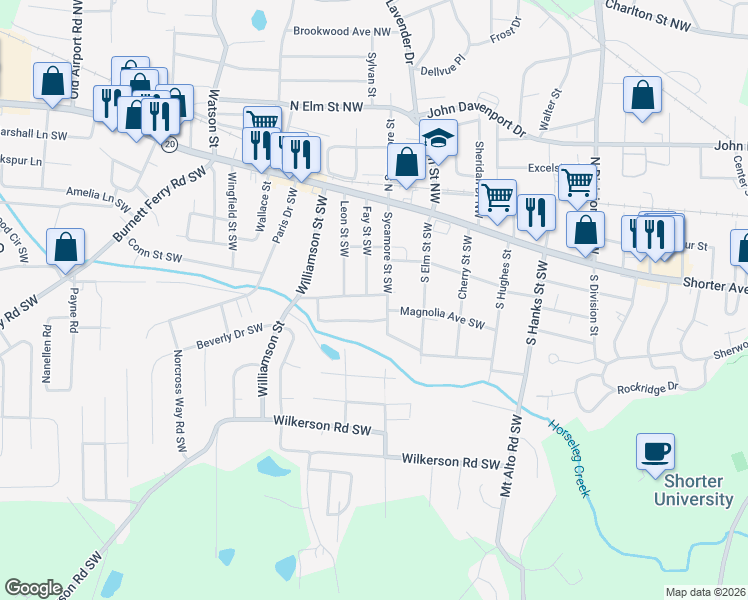 map of restaurants, bars, coffee shops, grocery stores, and more near Magnolia Avenue Southwest in Rome