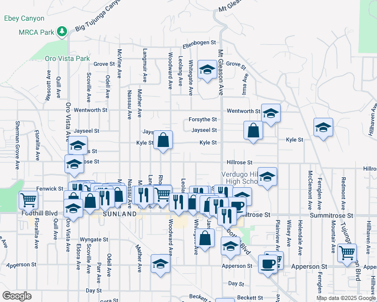map of restaurants, bars, coffee shops, grocery stores, and more near 10725 Whitegate Avenue in Los Angeles
