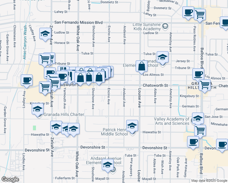 map of restaurants, bars, coffee shops, grocery stores, and more near 17439 Kingsbury Street in Los Angeles