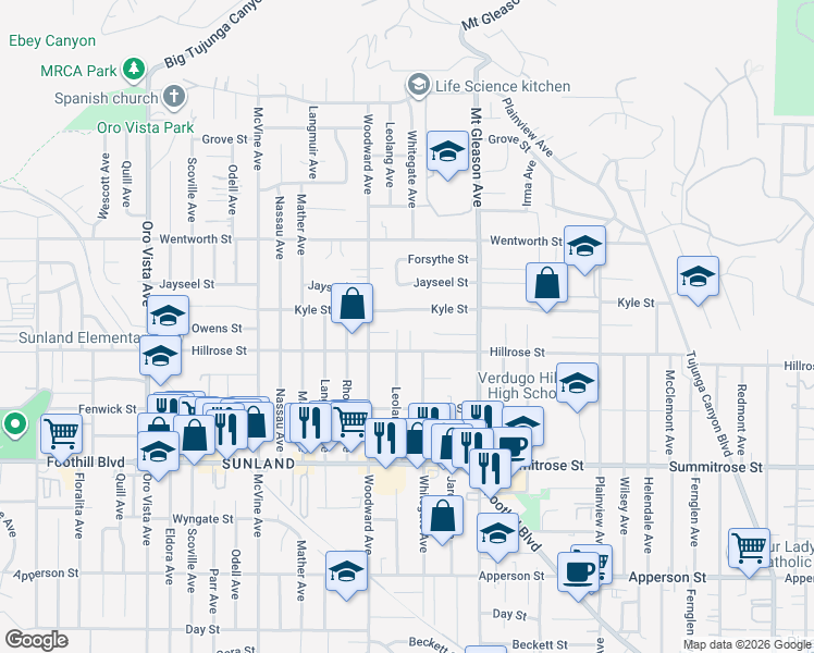 map of restaurants, bars, coffee shops, grocery stores, and more near 10725 Whitegate Avenue in Los Angeles