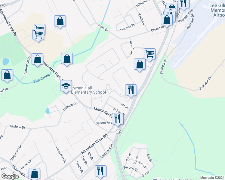 map of restaurants, bars, coffee shops, grocery stores, and more near 2210 Coloums Drive in Gainesville