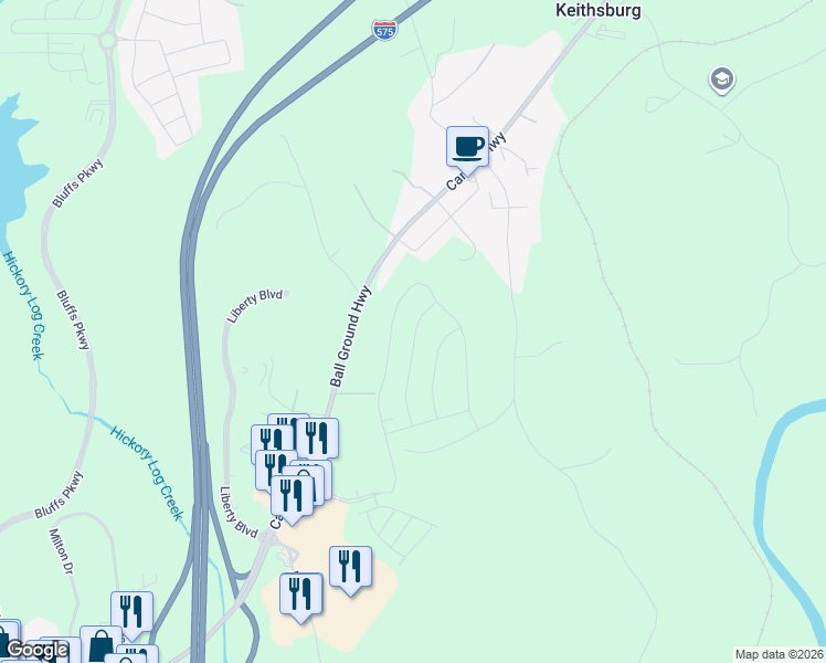 map of restaurants, bars, coffee shops, grocery stores, and more near 2024 Ball Ground Highway in Canton