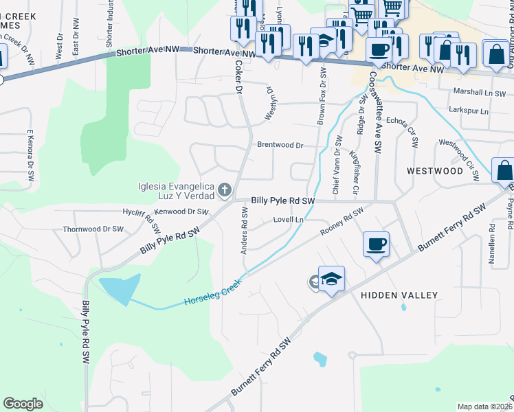 map of restaurants, bars, coffee shops, grocery stores, and more near 220 Billy Pyle Road Southwest in Rome