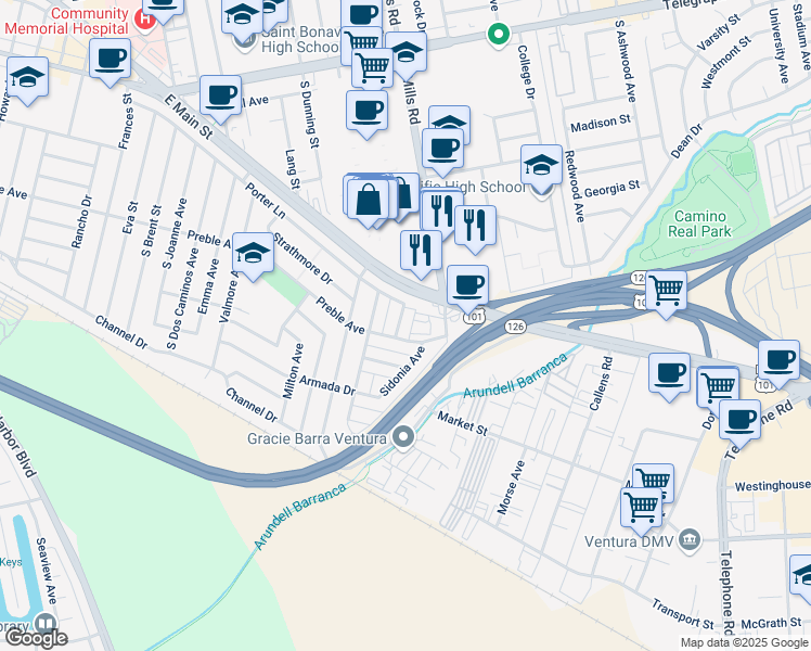 map of restaurants, bars, coffee shops, grocery stores, and more near 652 Kirk Avenue in Ventura