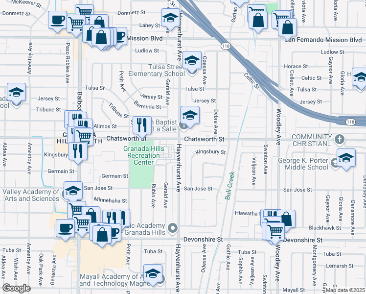 map of restaurants, bars, coffee shops, grocery stores, and more near 10642 Hayvenhurst Avenue in Los Angeles