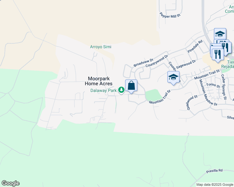 map of restaurants, bars, coffee shops, grocery stores, and more near 11099 Dalaway Drive in Moorpark