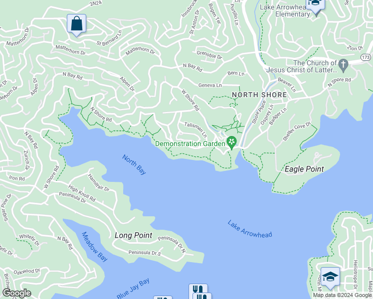 map of restaurants, bars, coffee shops, grocery stores, and more near 28087 North Shore Road in Lake Arrowhead