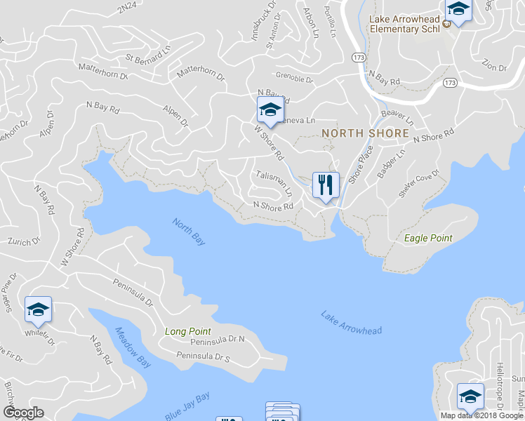 map of restaurants, bars, coffee shops, grocery stores, and more near 28087 North Shore Road in Lake Arrowhead