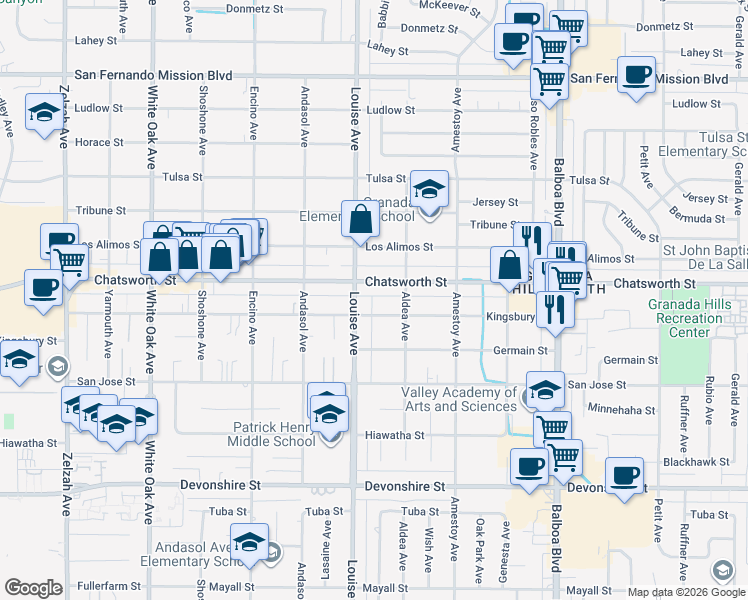 map of restaurants, bars, coffee shops, grocery stores, and more near 17237 Kingsbury Street in Los Angeles