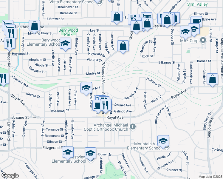 map of restaurants, bars, coffee shops, grocery stores, and more near 2562 Fallon Circle in Simi Valley
