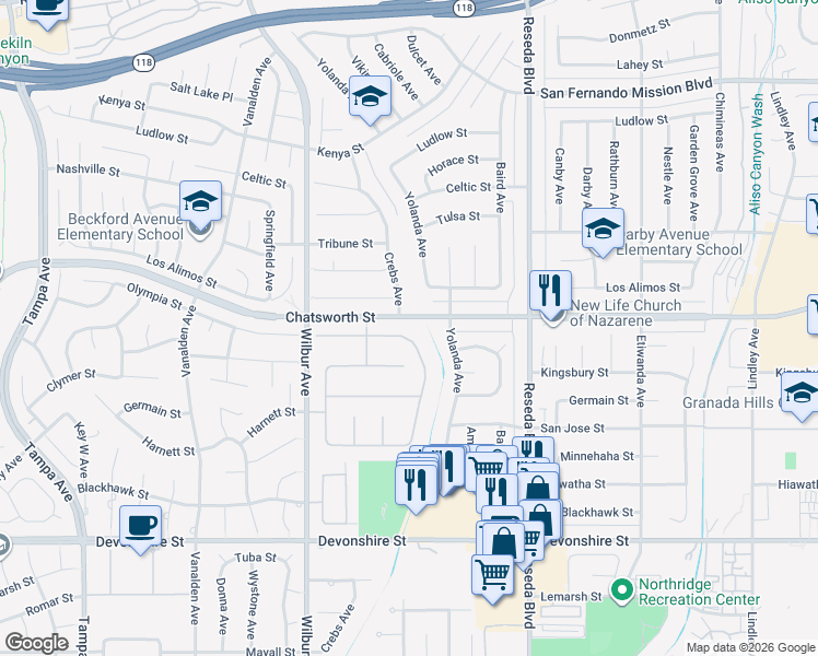 map of restaurants, bars, coffee shops, grocery stores, and more near 18741 Hillsboro Road in Los Angeles