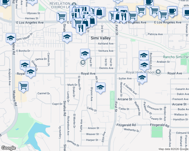 map of restaurants, bars, coffee shops, grocery stores, and more near 786 Royal Avenue in Simi Valley
