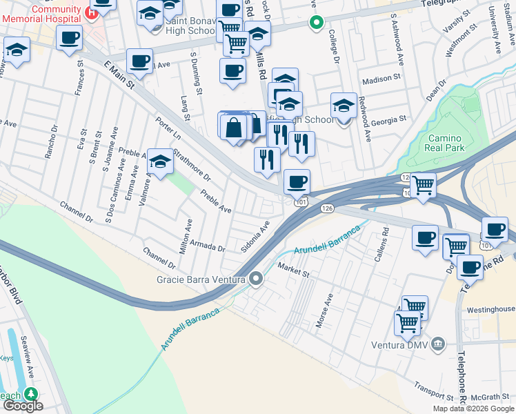 map of restaurants, bars, coffee shops, grocery stores, and more near 678 Kirk Avenue in Ventura