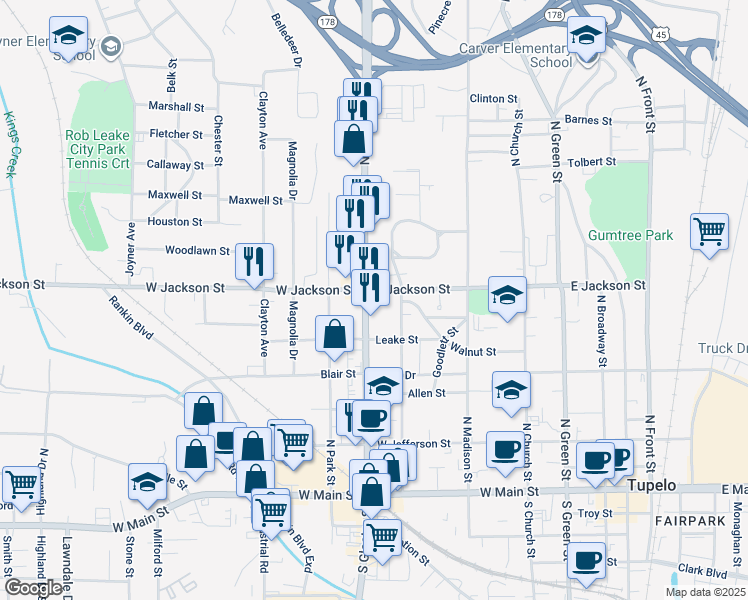 map of restaurants, bars, coffee shops, grocery stores, and more near 574 North Gloster Street in Tupelo