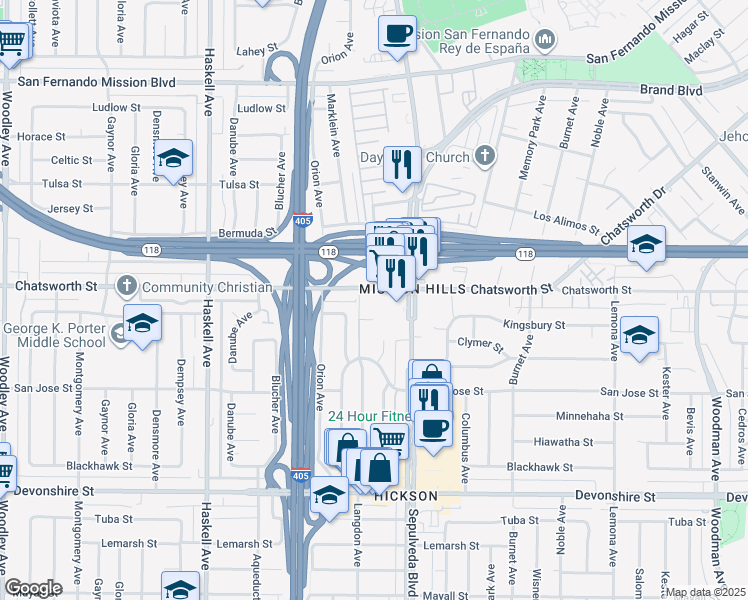 map of restaurants, bars, coffee shops, grocery stores, and more near 15421 Chatsworth Street in Los Angeles