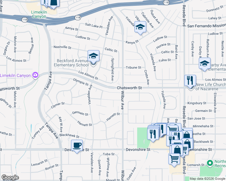 map of restaurants, bars, coffee shops, grocery stores, and more near 18937 Olympia Street in Los Angeles