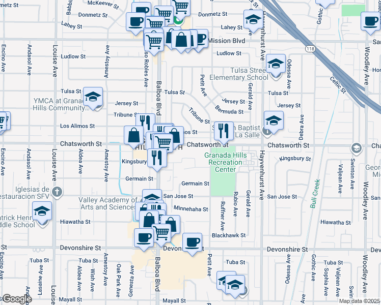 map of restaurants, bars, coffee shops, grocery stores, and more near 16860-900 Chatsworth Street in Los Angeles