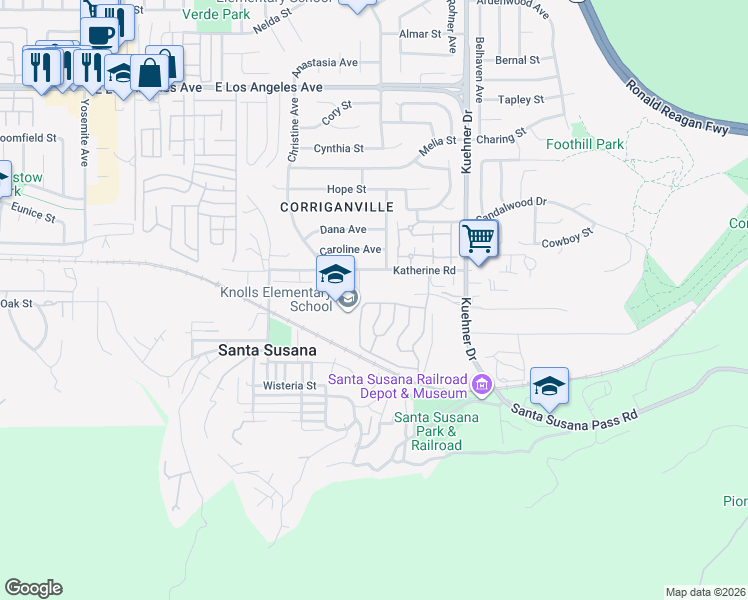 map of restaurants, bars, coffee shops, grocery stores, and more near 1404 Joshua Tree Court in Simi Valley