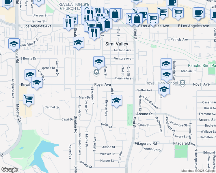 map of restaurants, bars, coffee shops, grocery stores, and more near 725 Royal Avenue in Simi Valley