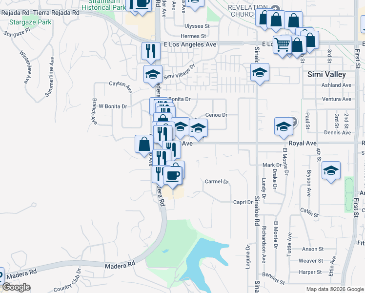 map of restaurants, bars, coffee shops, grocery stores, and more near 1411 Vaquero Drive in Simi Valley