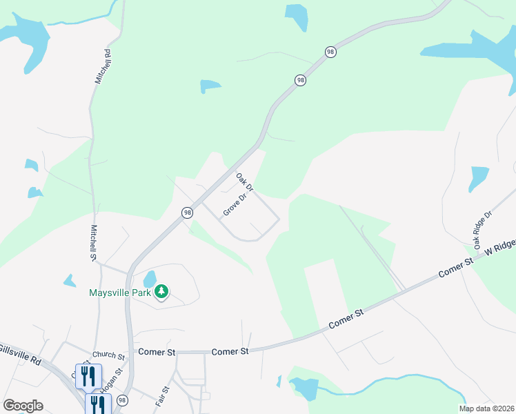 map of restaurants, bars, coffee shops, grocery stores, and more near 201 Oak Drive in Maysville