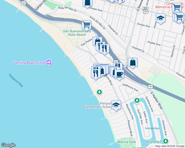 map of restaurants, bars, coffee shops, grocery stores, and more near 1105 Bath Lane in Ventura