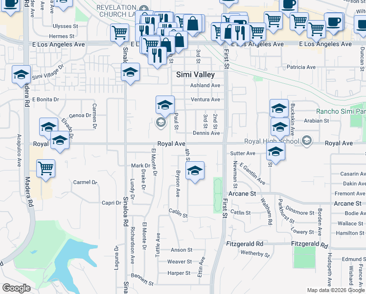 map of restaurants, bars, coffee shops, grocery stores, and more near 786 Royal Avenue in Simi Valley