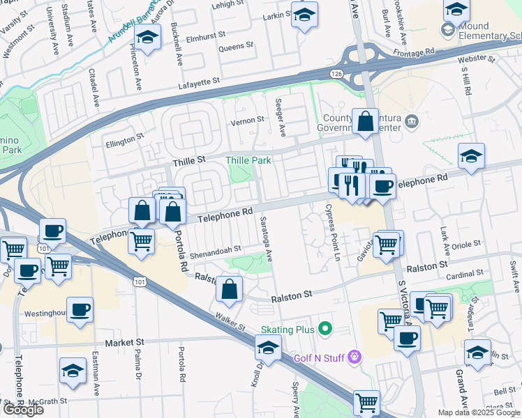 map of restaurants, bars, coffee shops, grocery stores, and more near Telephone Rd & Saratoga Ave in Ventura