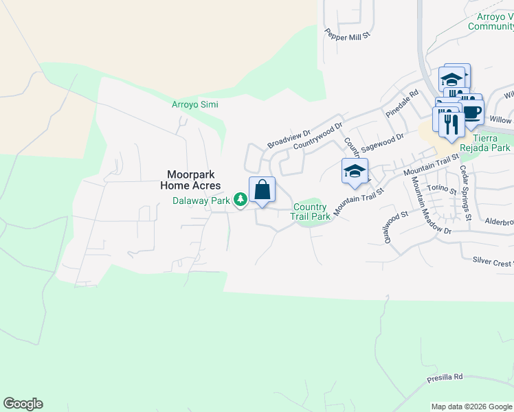 map of restaurants, bars, coffee shops, grocery stores, and more near 11161 Shadyridge Road in Moorpark
