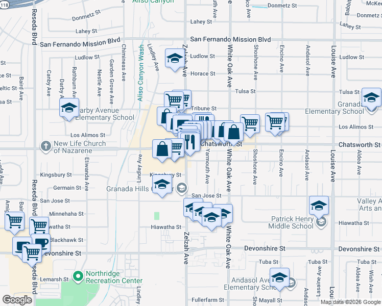 map of restaurants, bars, coffee shops, grocery stores, and more near 10666 Zelzah Avenue in Los Angeles