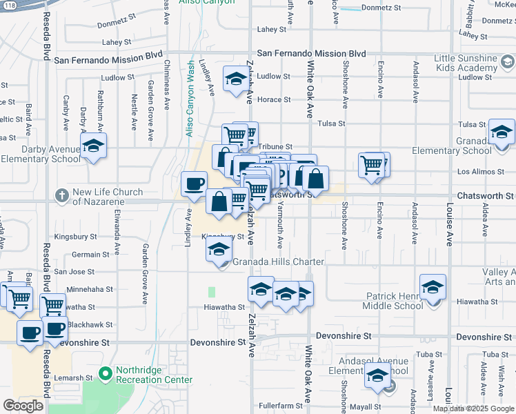 map of restaurants, bars, coffee shops, grocery stores, and more near 10666 Zelzah Avenue in Los Angeles
