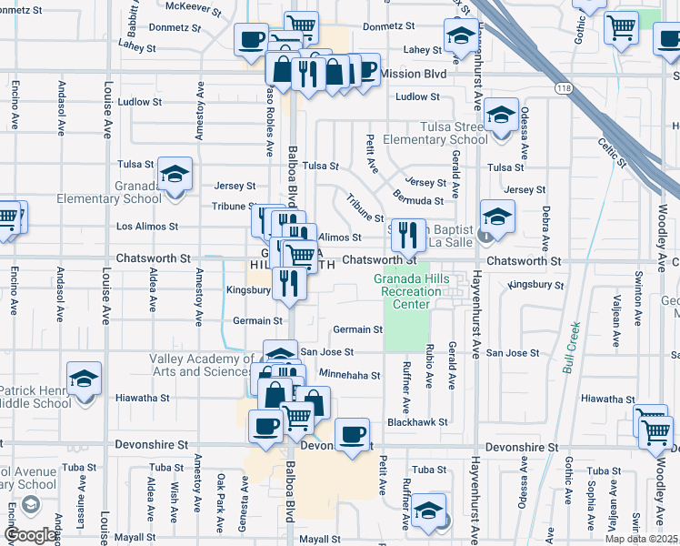 map of restaurants, bars, coffee shops, grocery stores, and more near 16860 Chatsworth Street in Granada Hills