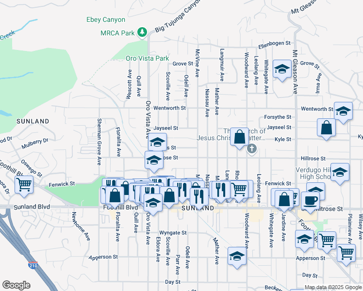 map of restaurants, bars, coffee shops, grocery stores, and more near 8241 Owens Street in Los Angeles