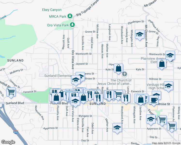 map of restaurants, bars, coffee shops, grocery stores, and more near 8233 Owens Street in Los Angeles