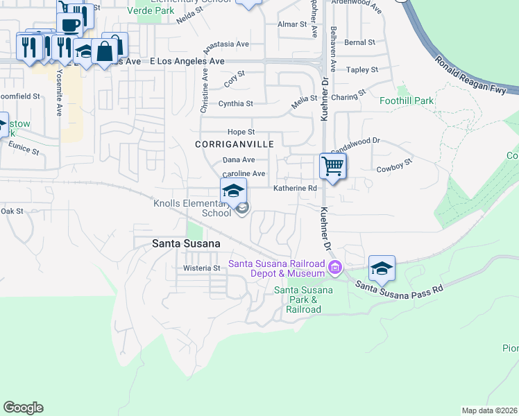 map of restaurants, bars, coffee shops, grocery stores, and more near 1404 Joshua Tree Court in Simi Valley