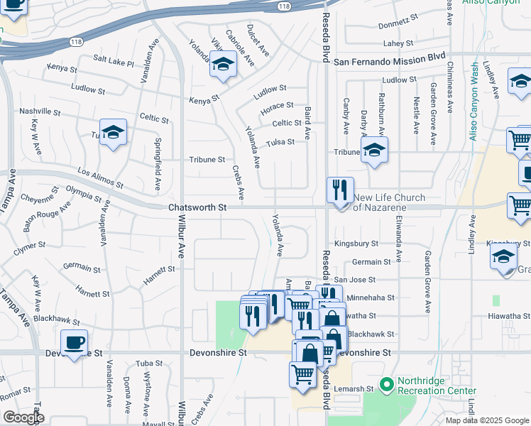 map of restaurants, bars, coffee shops, grocery stores, and more near 10700 Crebs Avenue in Los Angeles