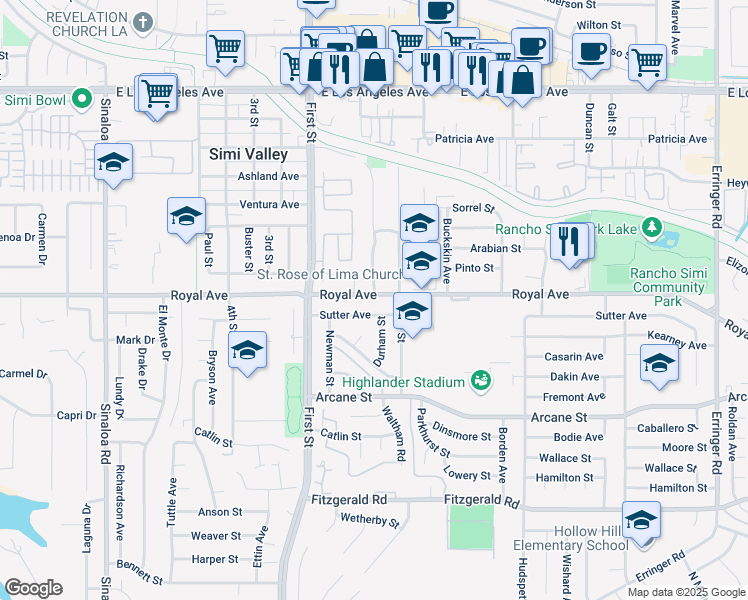 map of restaurants, bars, coffee shops, grocery stores, and more near 1230 Royal Avenue in Simi Valley