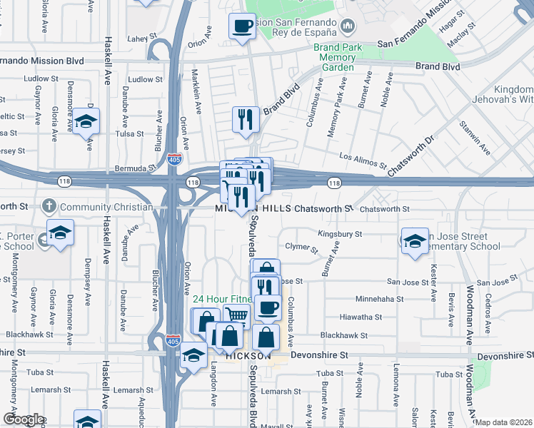 map of restaurants, bars, coffee shops, grocery stores, and more near 15340 Chatsworth Street in Los Angeles