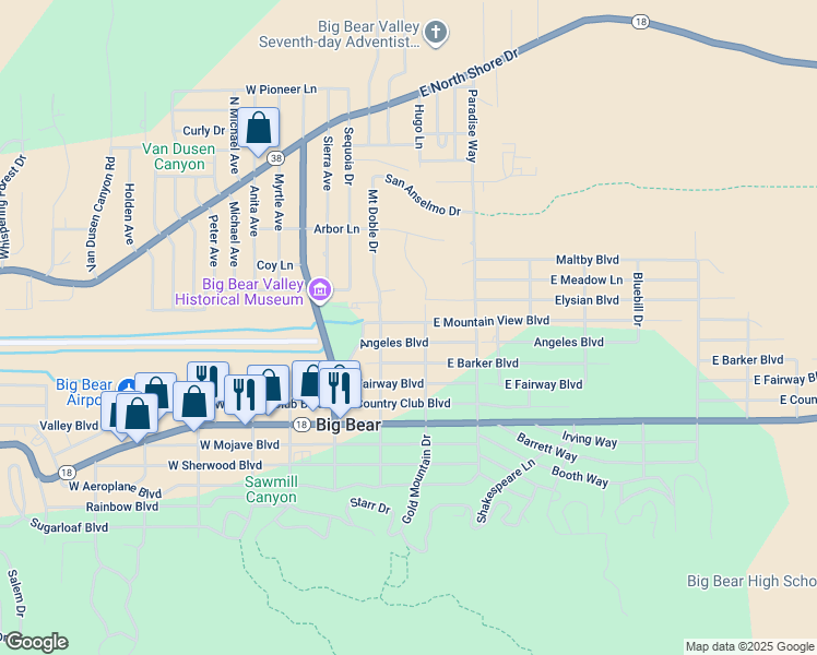 map of restaurants, bars, coffee shops, grocery stores, and more near 224 East Mountain View Boulevard in Big Bear