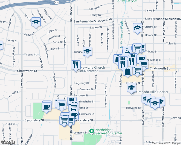 map of restaurants, bars, coffee shops, grocery stores, and more near 10652 Rathburn Ave in Northridge