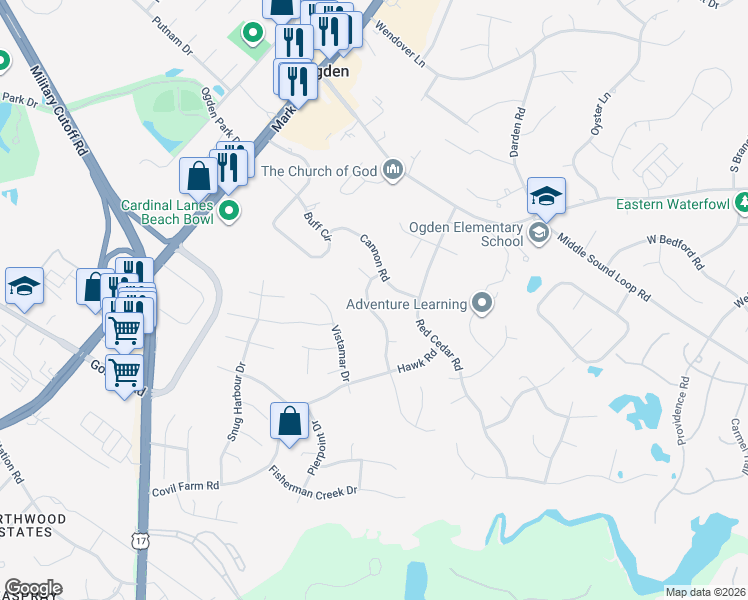 map of restaurants, bars, coffee shops, grocery stores, and more near 6522 Old Fort Road in Wilmington