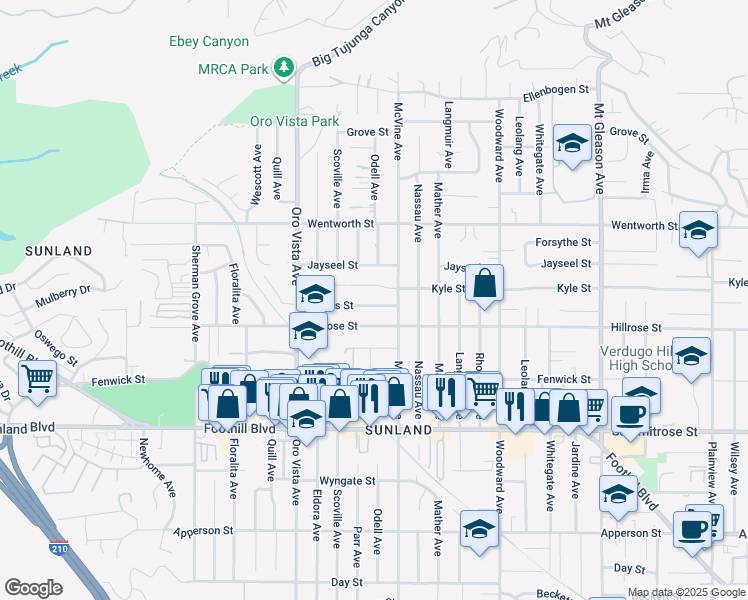 map of restaurants, bars, coffee shops, grocery stores, and more near 8227 Owens Street in Los Angeles